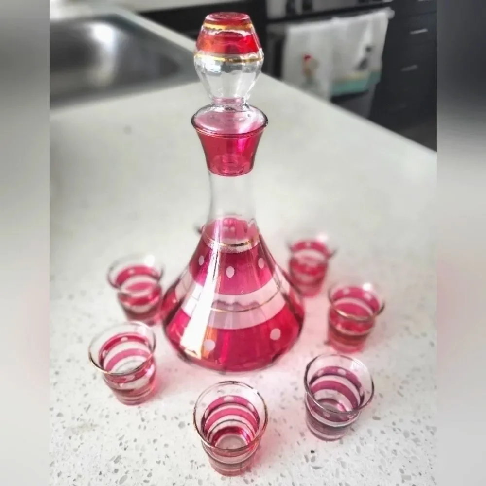 ELEGANT VINTAGE CRANBERRY GLASS DECANTER SET